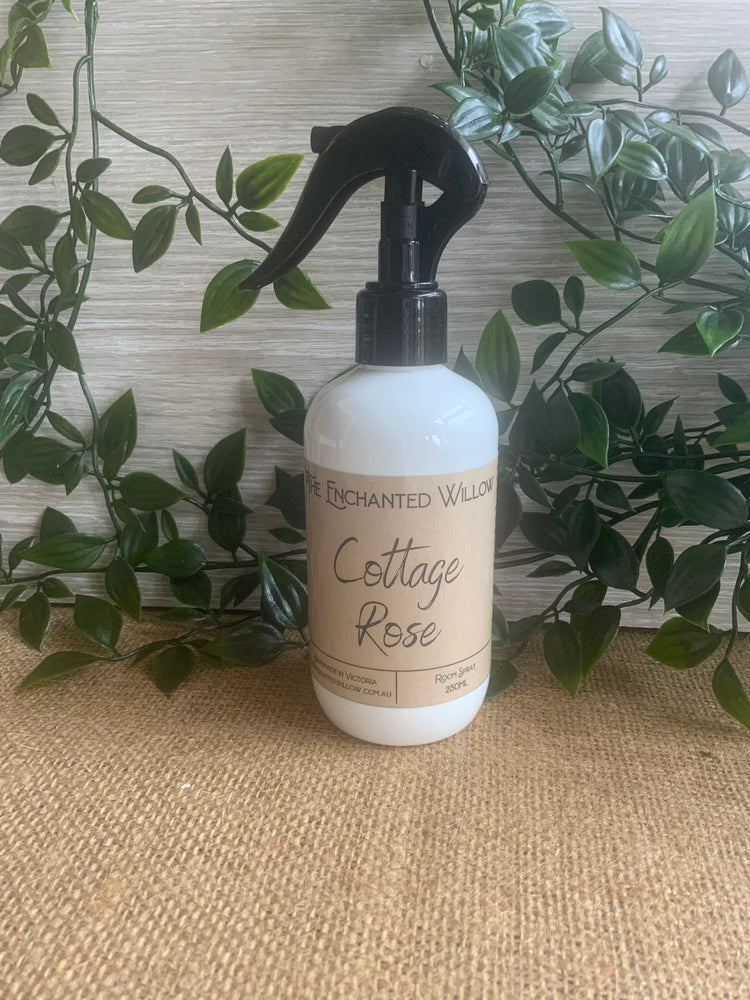 Cottage Rose Room Spray 250ml  Enjoy your Enchanted Willow signature fragrances throughout your home or office with our NEW 250ml Room Spray. Our Room / Linen Spray formulation fills your home with the luxurious scents you know and love. It can be used as an air freshener, deodoriser or toilet spray. No parabens Vegan friendly Cruelty free $21.99.