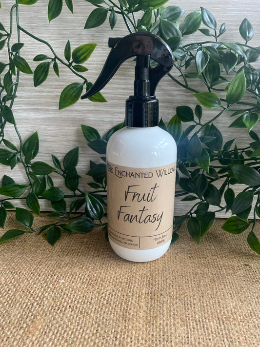 Fruit Fantasy Room Spray 250ml  Enjoy your Enchanted Willow signature fragrances throughout your home or office with our NEW 250ml Room Spray. Our Room / Linen Spray formulation fills your home with the luxurious scents you know and love. It can be used as an air freshener, deodoriser or toilet spray. No parabens Vegan friendly Cruelty free $21.99.