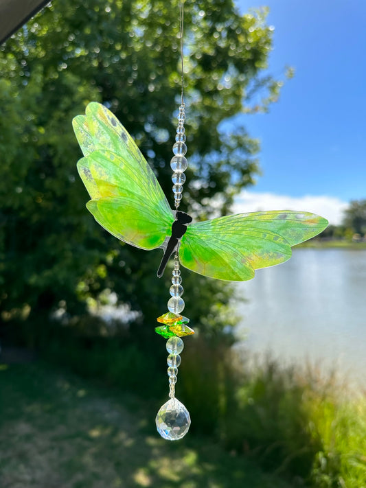 Green & Yellow Dragonfly Small Crystal Suncatcher