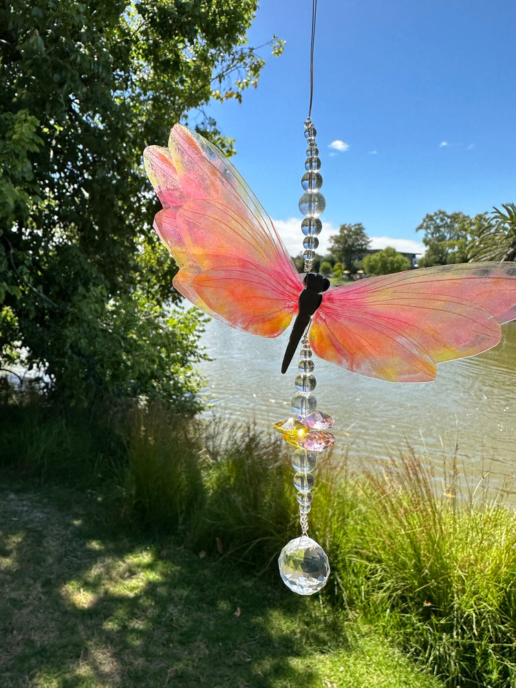 Pink & Yellow Dragonfly Small Crystal Suncatcher