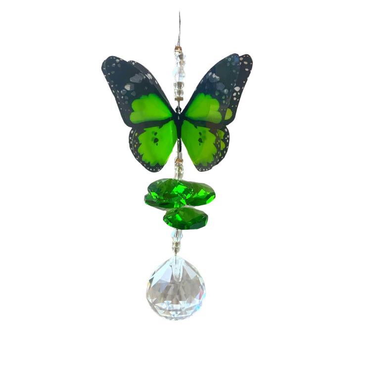 Green Butterfly Tiny Crystal Suncatcher  Handmade 3d Butterfly with crystal beads, Swarovski Crystal Elements Octagon Beads and 20mm round suncatcher ball at the bottom.