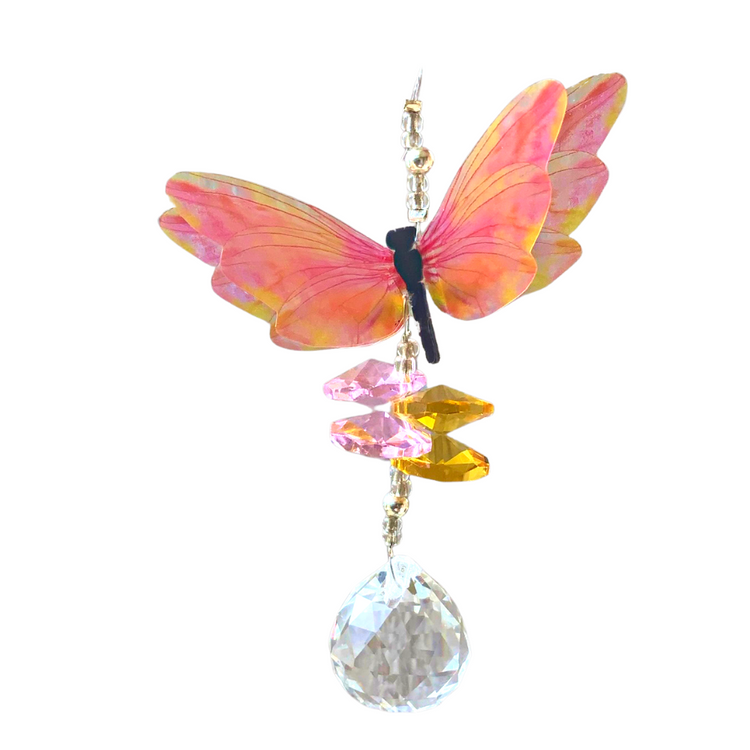 Pink & Yellow Dragonfly Tiny Crystal Suncatcher