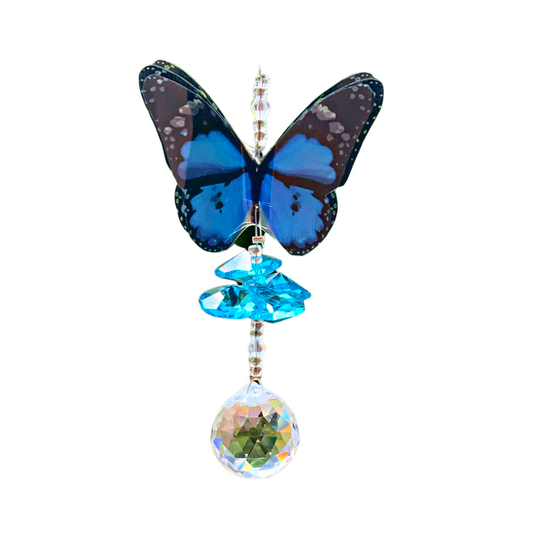 Blue Butterfly Tiny Crystal Suncatcher  Handmade 3d Butterfly with crystal beads, Swarovski Crystal Elements Octagon Beads and 20mm round suncatcher ball at the bottom.