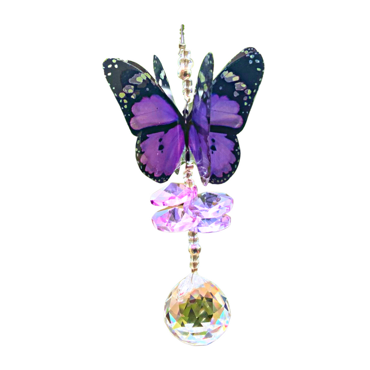 Purple Tiny Crystal Suncatcher  Handmade 3d Butterfly with crystal beads, Swarovski Crystal Elements Octagon Beads and 20mm round suncatcher ball at the bottom.