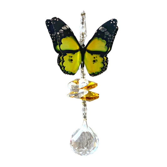 Yellow Butterfly Tiny Crystal Suncatcher  Handmade 3d Butterfly with crystal beads, Swarovski Crystal Elements Octagon Beads and 20mm round suncatcher ball at the bottom.