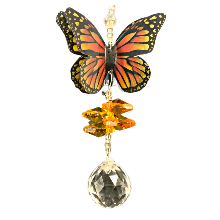 Monarch Butterfly Tiny Crystal Suncatcher  Handmade 3d Butterfly with crystal beads, Swarovski Crystal Elements Octagon Beads and 20mm round suncatcher ball at the bottom.