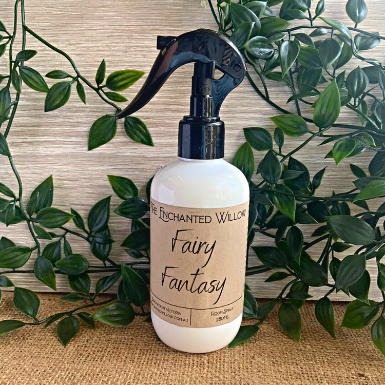 Fairy Fantasy Room Spray 250g  Enjoy your Enchanted Willow signature fragrances throughout your home or office with our NEW 250ml Room Spray. Our Room / Linen Spray formulation fills your home with the luxurious scents you know and love. It can be used as an air freshener, deodoriser or toilet spray. No parabens Vegan friendly Cruelty free $21.99.