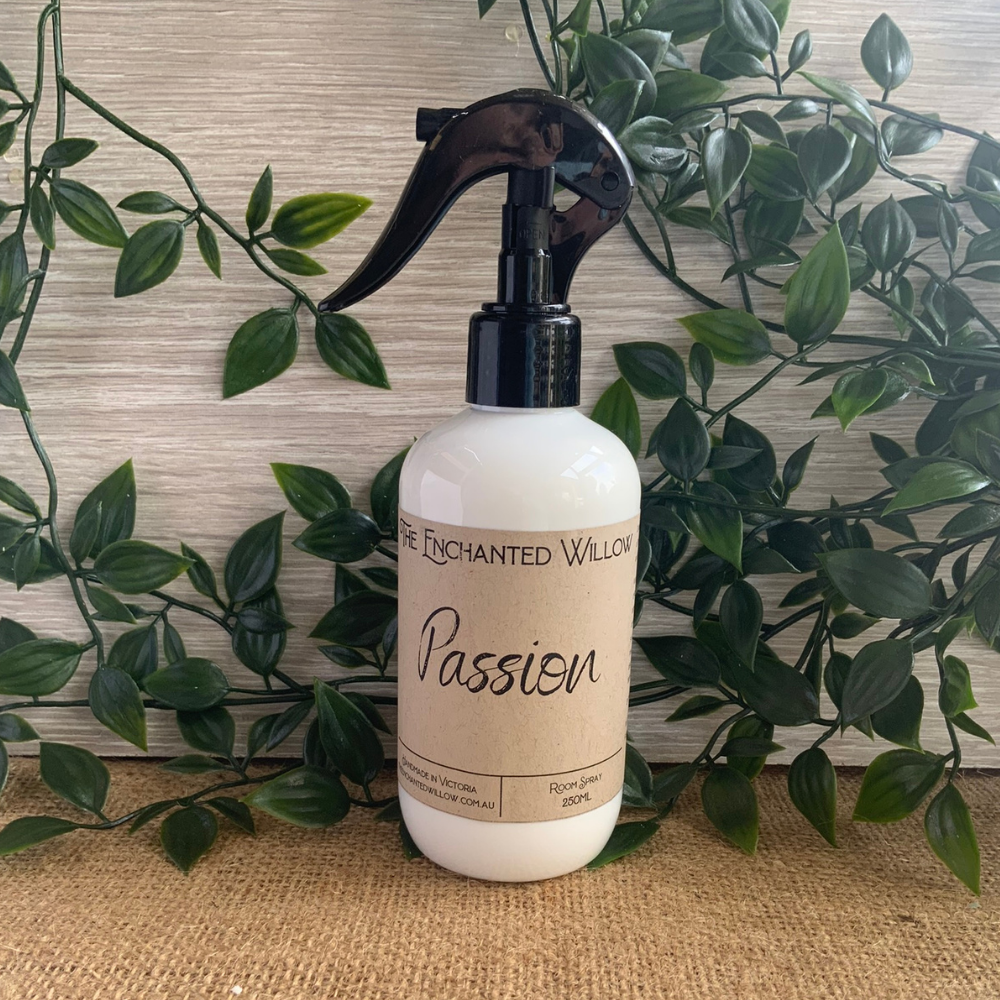 Passion Room Spray 250g  Enjoy your Enchanted Willow signature fragrances throughout your home or office with our NEW 250ml Room Spray. Our Room / Linen Spray formulation fills your home with the luxurious scents you know and love. It can be used as an air freshener, deodoriser or toilet spray. No parabens Vegan friendly Cruelty free $21.99.