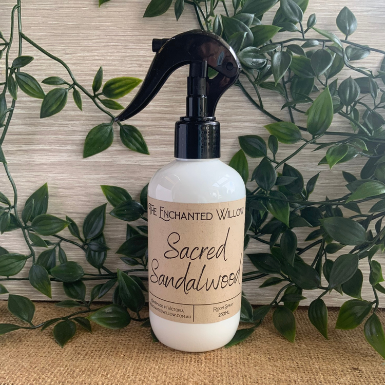 Sacred Sandalwood Room Spray 250g  Enjoy your Enchanted Willow signature fragrances throughout your home or office with our NEW 250ml Room Spray. Our Room / Linen Spray formulation fills your home with the luxurious scents you know and love. It can be used as an air freshener, deodoriser or toilet spray. No parabens Vegan friendly Cruelty free $21.99.