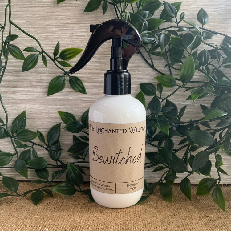 Bewitched Room Spray 250g  Enjoy your Enchanted Willow signature fragrances throughout your home or office with our NEW 250ml Room Spray. Our Room / Linen Spray formulation fills your home with the luxurious scents you know and love. It can be used as an air freshener, deodoriser or toilet spray. No parabens Vegan friendly Cruelty free $21.99.